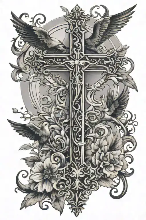 cross with Joshua 1:9 and birds flying tattoo design idea