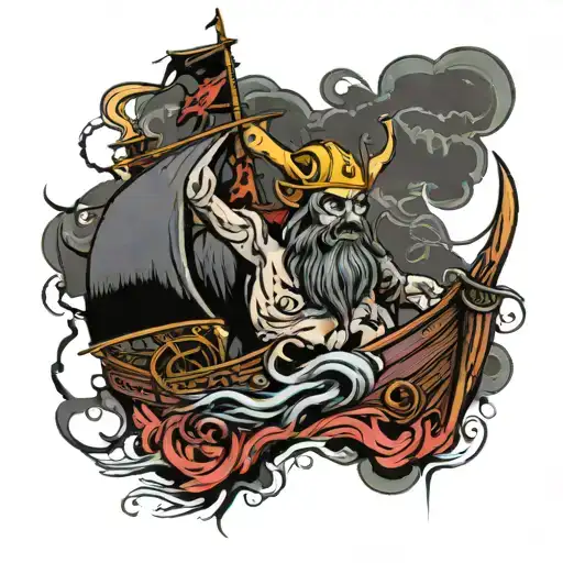 zombie viking head and ship sailing through stormy tattoo design idea