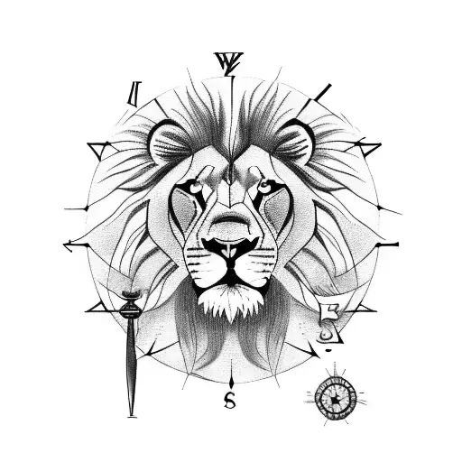 lion with compass and clock tattoo design idea