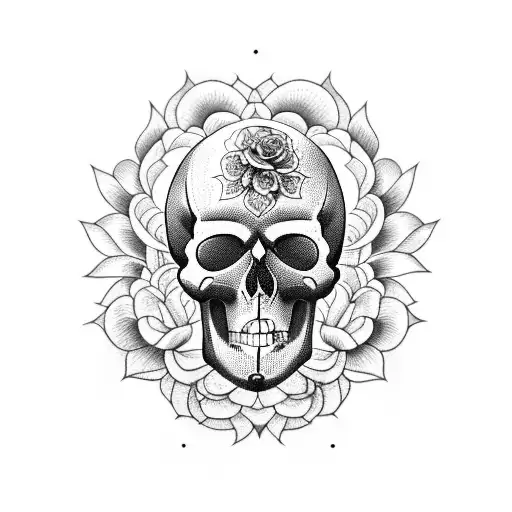 A blackwork tattoo of a skull adorned with blooming flowers, representing the cycle of life and death in nature tattoo design idea