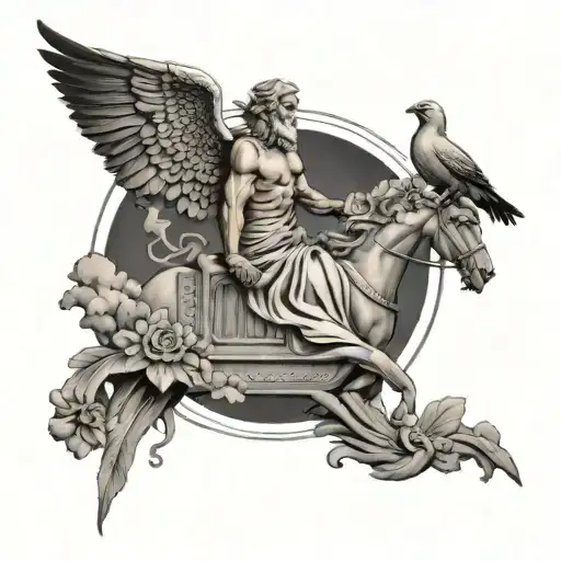 Greek mythology for a dead grandpa farming with birds and clouds tattoo design idea