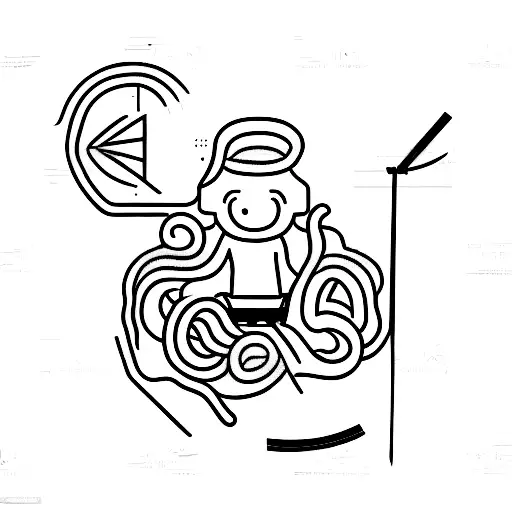 A man in the form of a doll is hanging on noodles with Chinese chopsticks. Minimalism style tattoo design idea