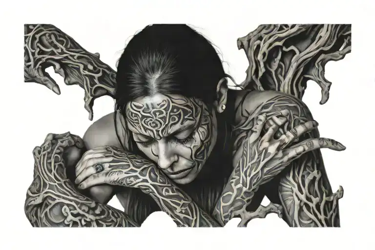 woman feeling pain , distress , sorrow, grief,moarning , fades out  , 3D, 4K ,clear and looks life like tattoo design idea