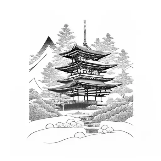 Japanese temple with a waterfall behind it and a samurai with a katana and cherry blossom trees tattoo design idea