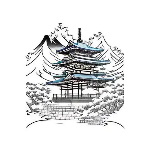Japanese temple with a waterfall behind it and a samurai with a katana and cherry blossom trees tattoo design idea
