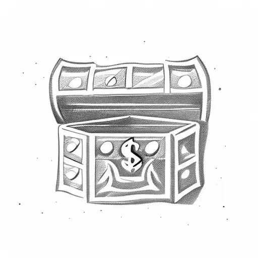 A sketch-style dragon guarding a treasure chest filled with money tattoo design idea
