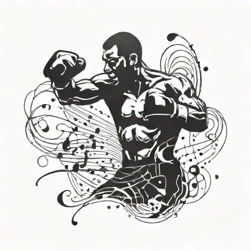 A silhouette of a boxer throwing a punch with musical notes flowing around them tattoo design idea