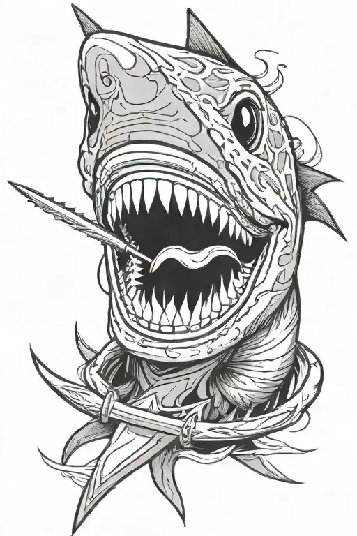 Shark One piece zoro sword in mouth open tattoo design idea