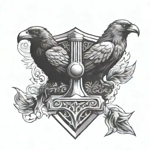 Thor's hammer two ravens as a drawing  tattoo design idea