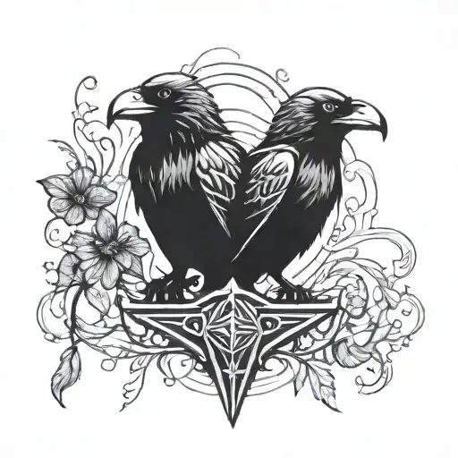 Thor's hammer two ravens as a drawing  tattoo design idea