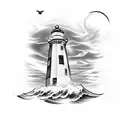 Lighthouse with ship in the waves tattoo design idea
