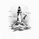 Lighthouse with ship in the waves tattoo design idea