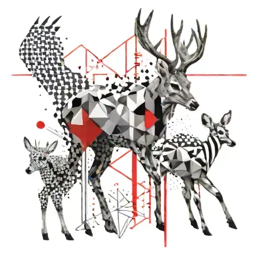 deer with three baby deer's in background black and white with some red elements geometrical  tattoo design idea