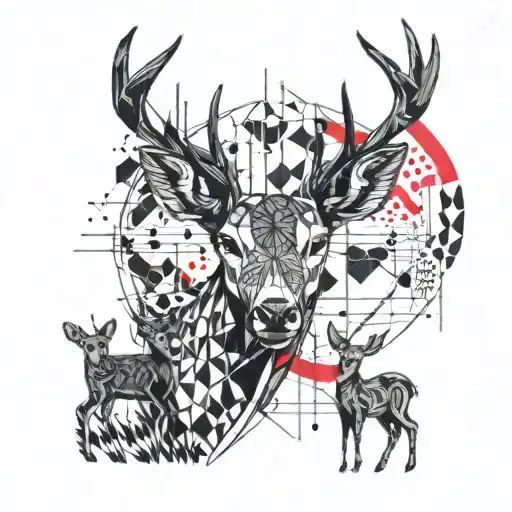 deer with three baby deer's in background black and white with some red elements trash polka  tattoo design idea