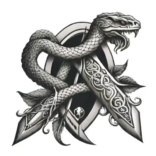 snake wrapped around a dagger and the symbol chikara  tattoo design idea
