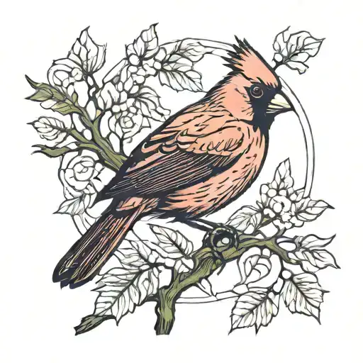 A blackwork tattoo of a cardinal perched on a branch, with the date 4.18.24 hidden within the feathers tattoo design idea