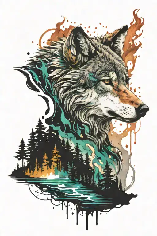 Wolf with forest water fire and color splash as Background  tattoo design idea
