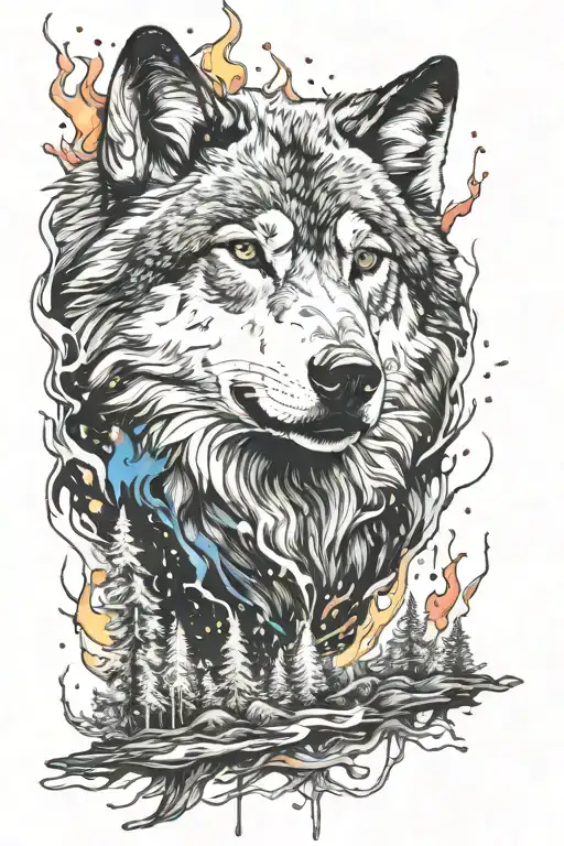 Black and white whole Wolf with forest water fire and color splash as Background  tattoo design idea