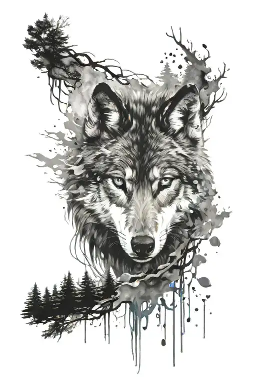 Black and white tattoo. Whole Wolf with forest water fire and color splash as Background  tattoo design idea