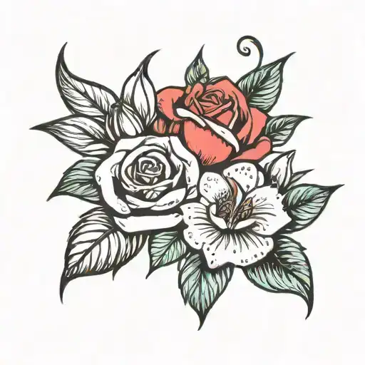 roses and lily flowers with paw prints tattoo design idea