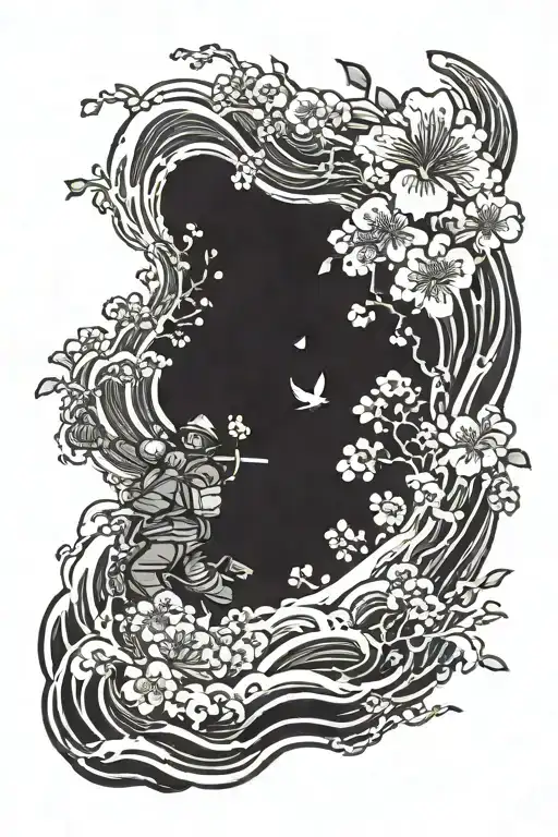 samuri firefighter waves flowing cherry blossums tattoo design idea