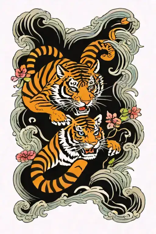 tiger fighting fire with ocean waves and cherry blossums tattoo design idea