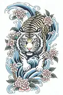 tiger and waves crashing cherry blossums tattoo design idea