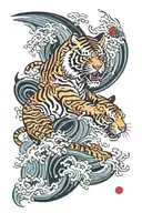 tiger and waves crashing cherry blossums tattoo design idea