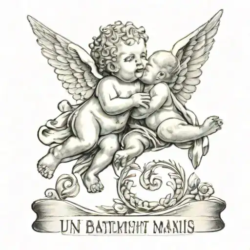 A tattoo of two baby cherubs holding hands, one flying with wings and the other sitting, capturing the essence of the bond between twins, with the phrase 'un battement manquant mais un lien jamais brisé' as a banner above the cherubs tattoo design idea