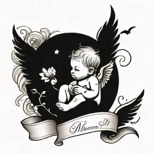 A tattoo design of a twin baby with wings flying and the other sitting, symbolizing the bond between twins, with the phrase 'un battement manquant mais un lien jamais brisé' underneath tattoo design idea