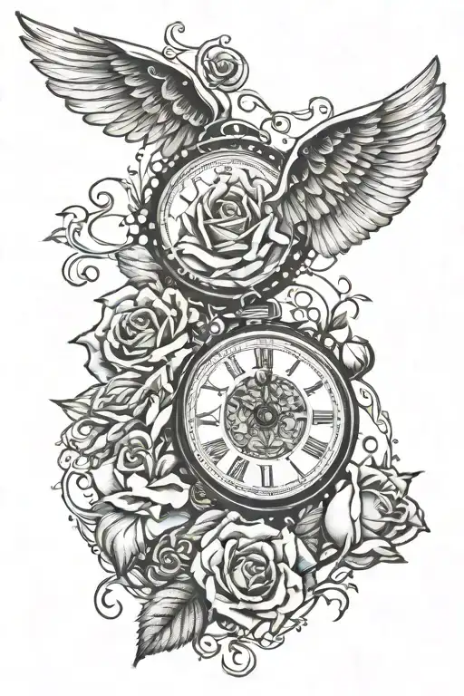 rose wings pocket watch rosary beads wrapping tattoo design idea