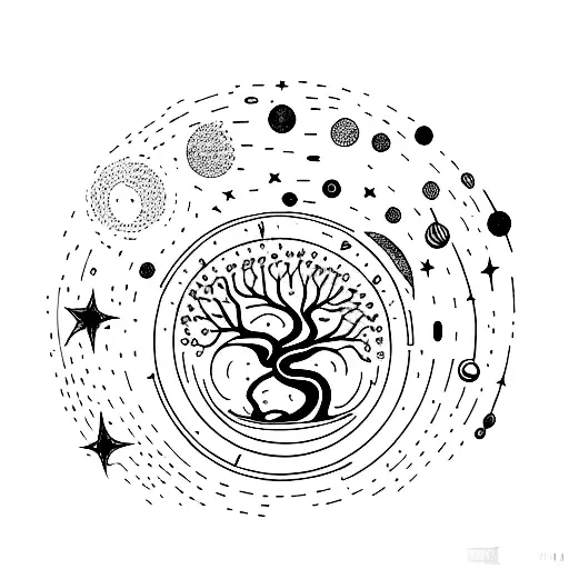 A cosmic tree with guitar-shaped branches, surrounded by planets and stars tattoo design idea