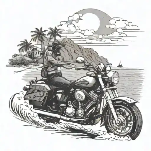 A scenic view of Curacao's coastline with a motorcycle speeding along the shore, capturing the thrill of the open road tattoo design idea