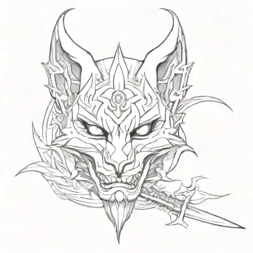A tattoo of half oni mask and half kitsune mask slashed and seperated  by katana  tattoo design idea