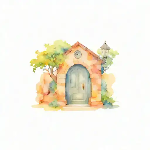 A front desk with a book-shaped keyhole and a magical doorway leading to a fantasy world tattoo design idea