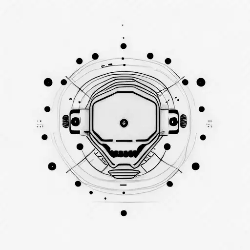 green alien face, flat lips, facing, cybernetic style tattoo design idea