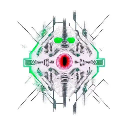 green alien face, flat lips, facing, cybernetic style tattoo design idea