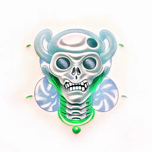 green alien face, flat lips, facing, cybernetic style tattoo design idea