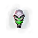 green alien face, flat lips, facing, cybernetic style tattoo design idea