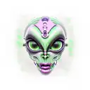 green alien face, flat lips, facing, cybernetic style tattoo design idea