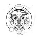 green alien face, flat lips, facing, cybernetic style tattoo design idea