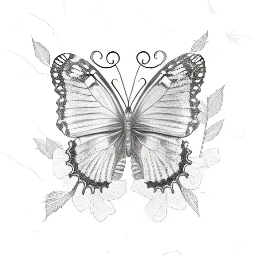 small puzzle butterfly on pink hibiscus flower with leafs  tattoo design idea
