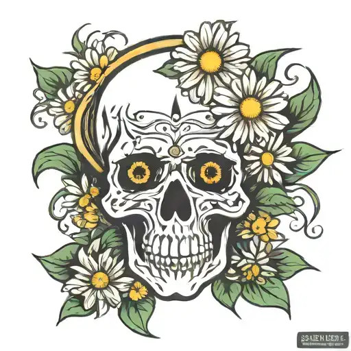 steal your face skull with daisy flower tattoo design idea