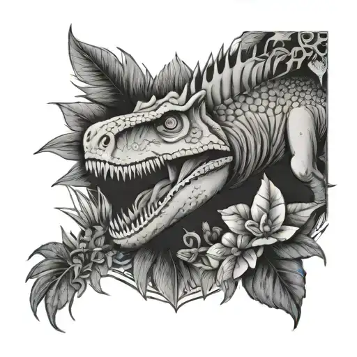 dinosaur and plants arm sleeve tattoo design idea