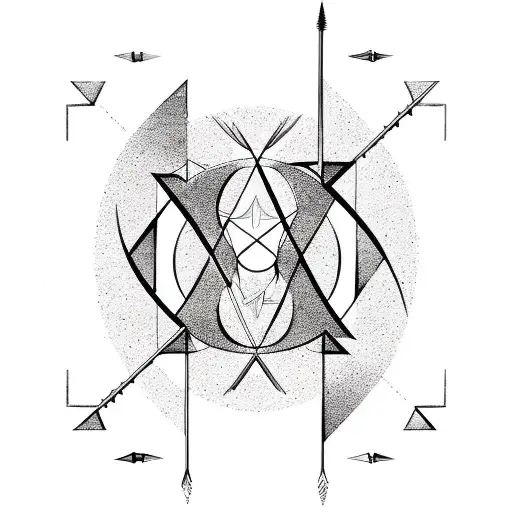 An abstract representation of the number 11 and a Sagittarius arrow merging together, with a subtle zodiac constellation background tattoo design idea