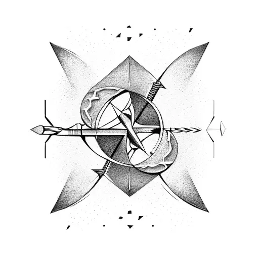 An abstract representation of the number 11 and a Sagittarius arrow merging together, with a subtle zodiac constellation background tattoo design idea