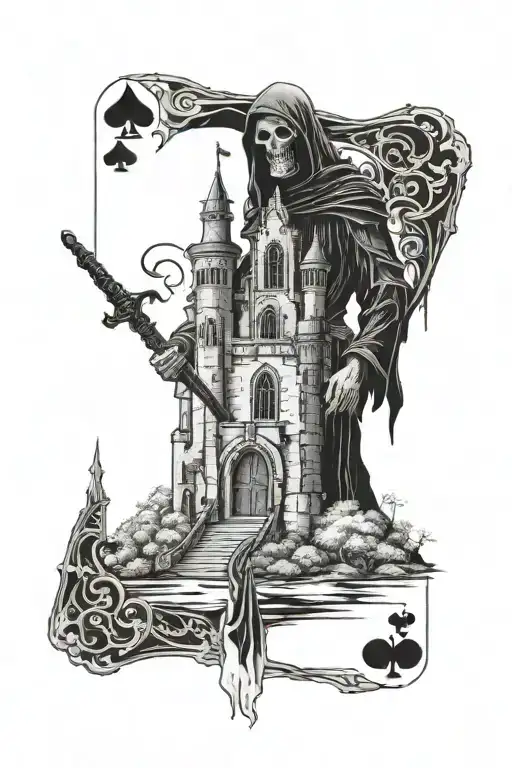 gothic castle, grim reaper with scythe, playing cards  tattoo design idea