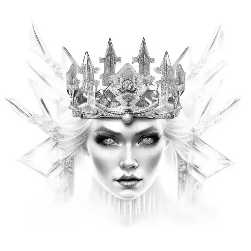 A regal ice queen wearing a crown made of icicles, her blue eyes glowing with power tattoo design idea