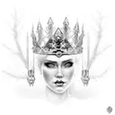 A regal ice queen wearing a crown made of icicles, her blue eyes glowing with power tattoo design idea