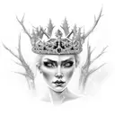 A regal ice queen wearing a crown made of icicles, her blue eyes glowing with power tattoo design idea